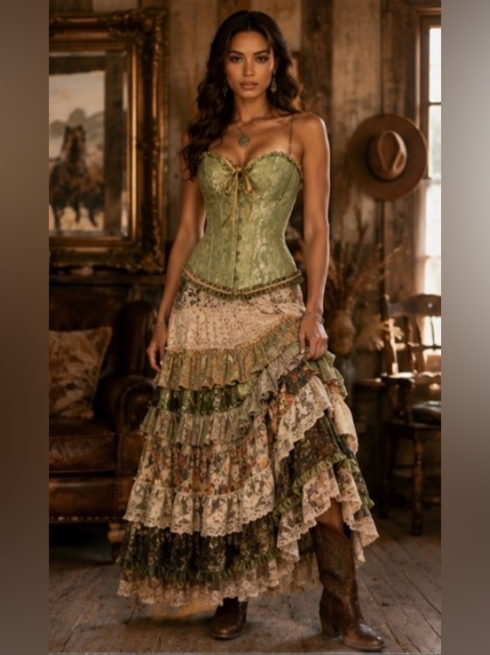 Olive Green Brocade Corset with Gold Ribbon